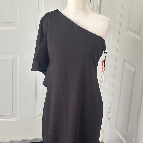 NWT Calvin Klein One Shoulder Ruffle Sheath Cocktail Dress, Black Size 10 - Picture 10 of 13